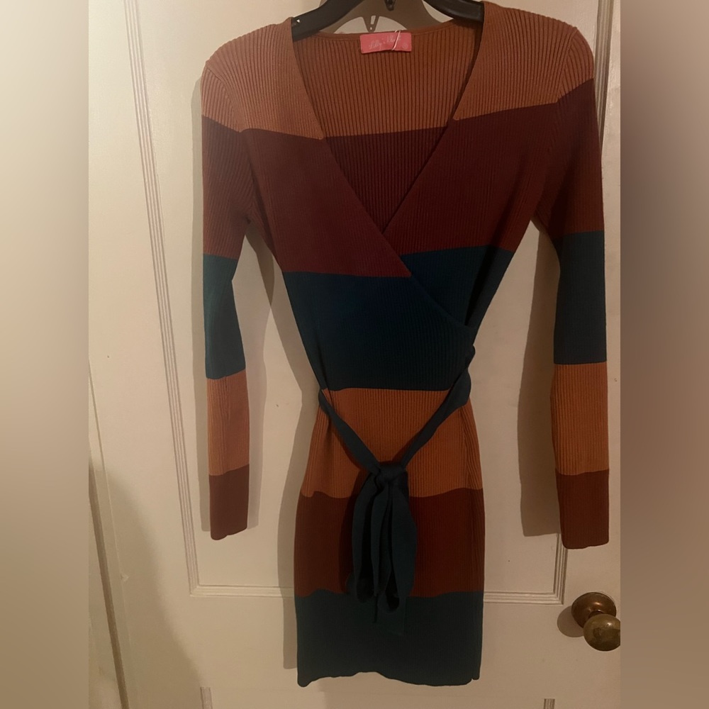 Orange, Brown, Green Curve-Hugging Sweater Dress